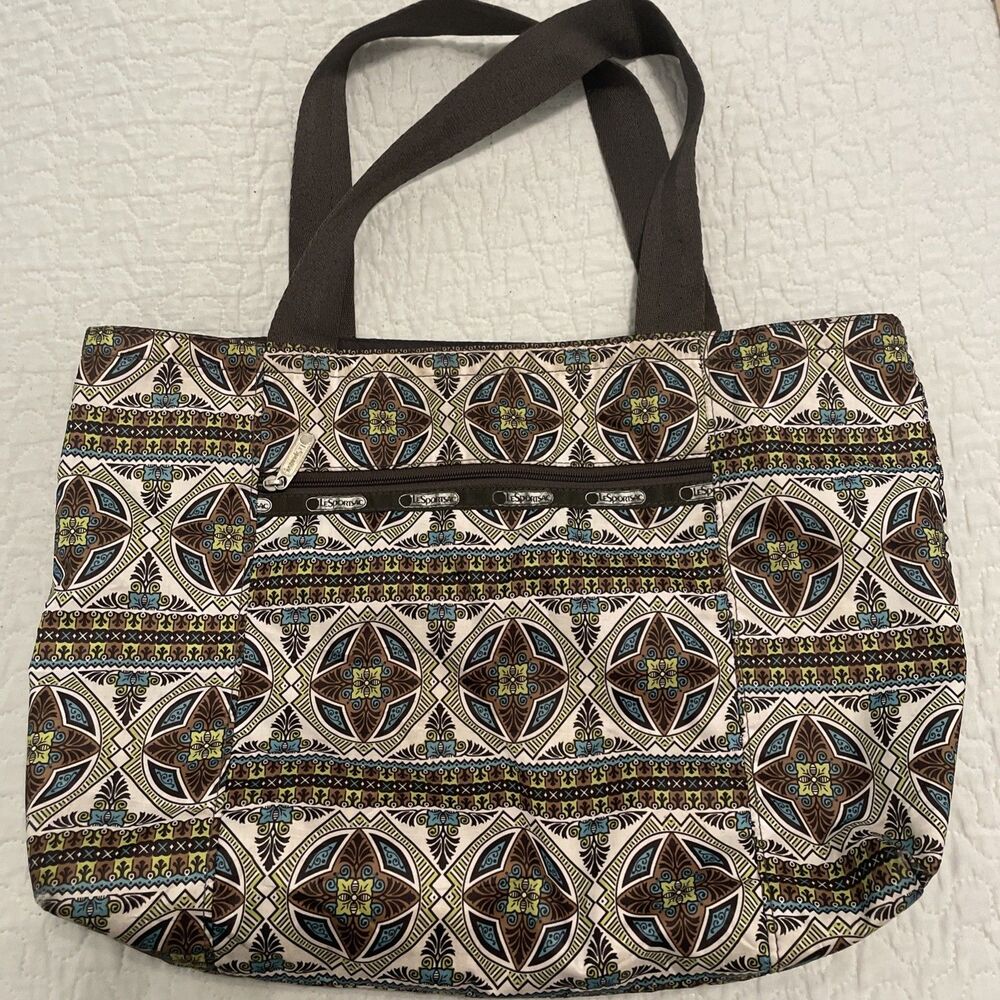 LESportsac Nylon Reversible Brown Tote Bag Large Handbag Shopper